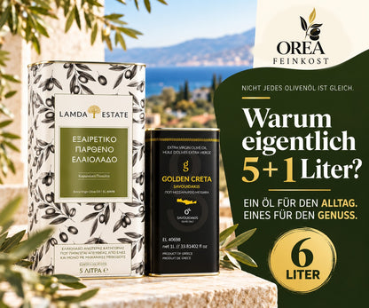 Lamda Estate griechisches Olivenöl Vorteilspaket – 5L + 1L Extra Natives Olivenöl aus Kreta | 6 Liter OREA Feinkost