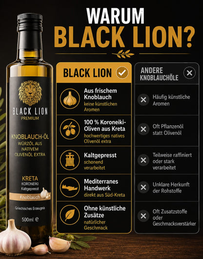 BLACK LION Premium Knoblauch-Olivenöl – Natives Olivenöl Extra aus Kreta (Koroneiki) ohne künstliche Zusätze – 500 ml