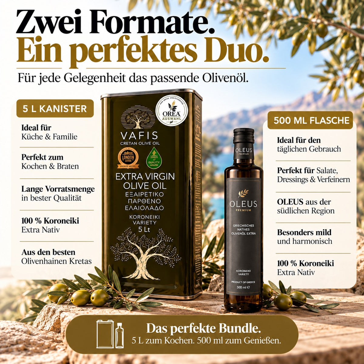 OREA Auswahl – Olivenöl Extra Nativ 5L + 500ml Premium Koroneiki aus Kreta